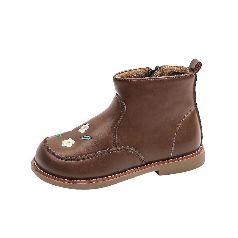 Botas cortas de cuero para niños y niñas, zapatos de felpa con cremallera, versátiles, flores dulces, estilo coreano, a la moda, otoño e invierno, 2024