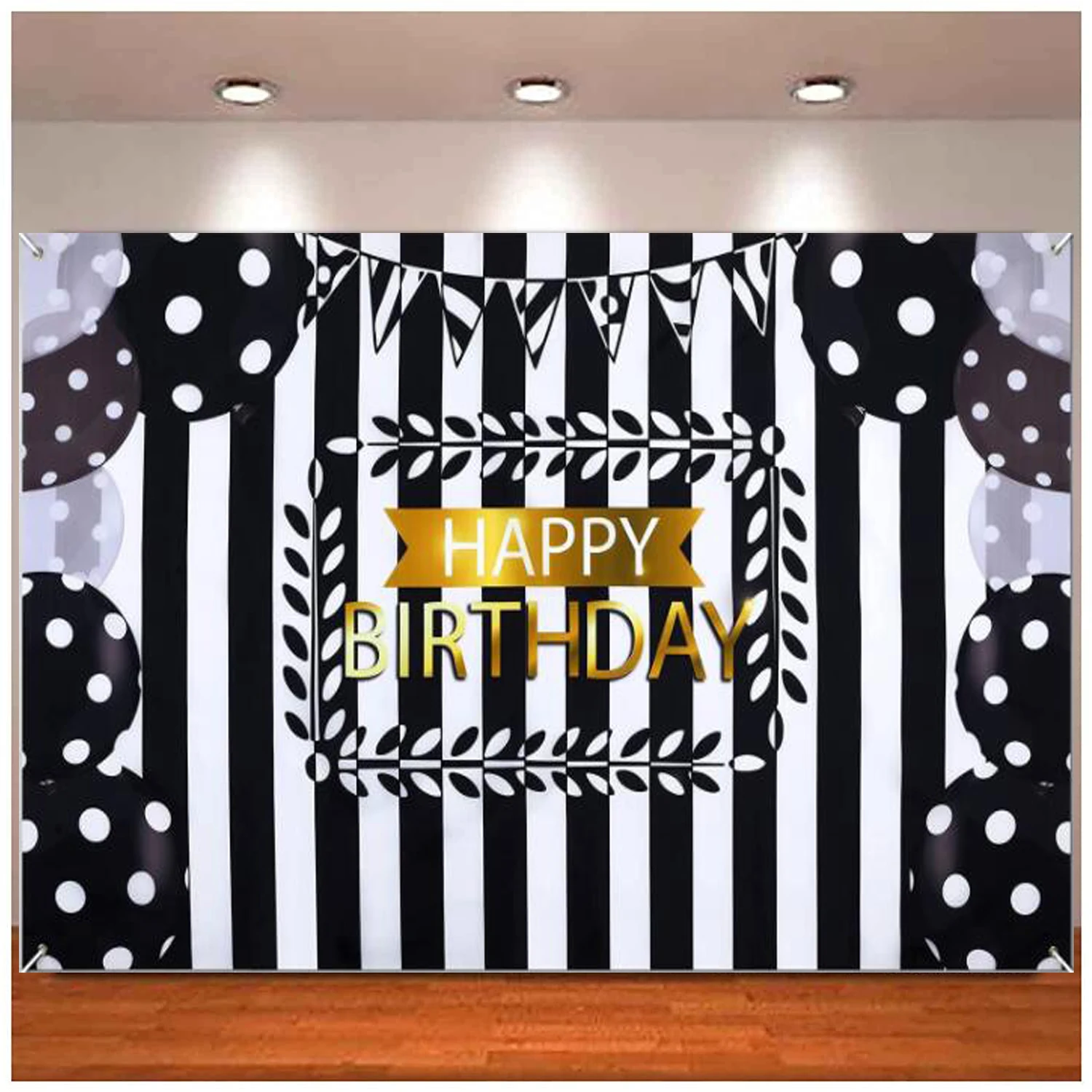 

Black White Banner Decoration Stripes Happy Birthday Party Backdrop For Women Men Balloons Photo Booth Background Supplies