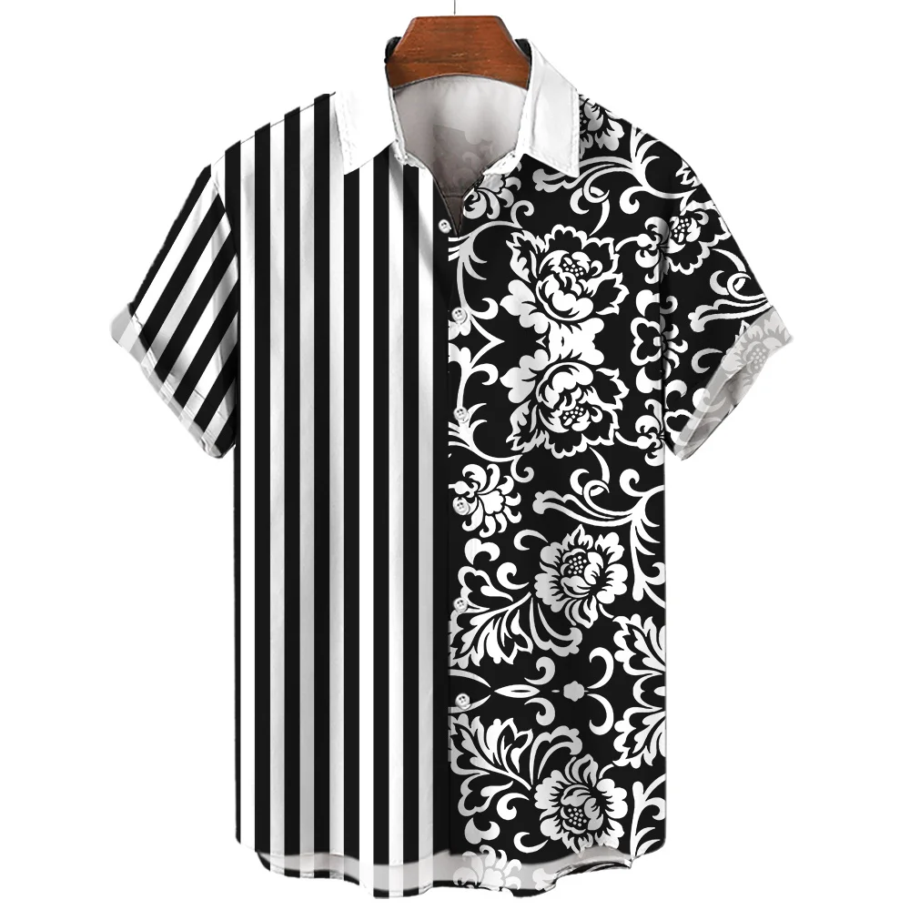 Stripe Men Shirt Hawaiian T-Shirts Flower Printed Short Sleeved Black White Shirt Summer Original Men's Clothing Oversized Shirt