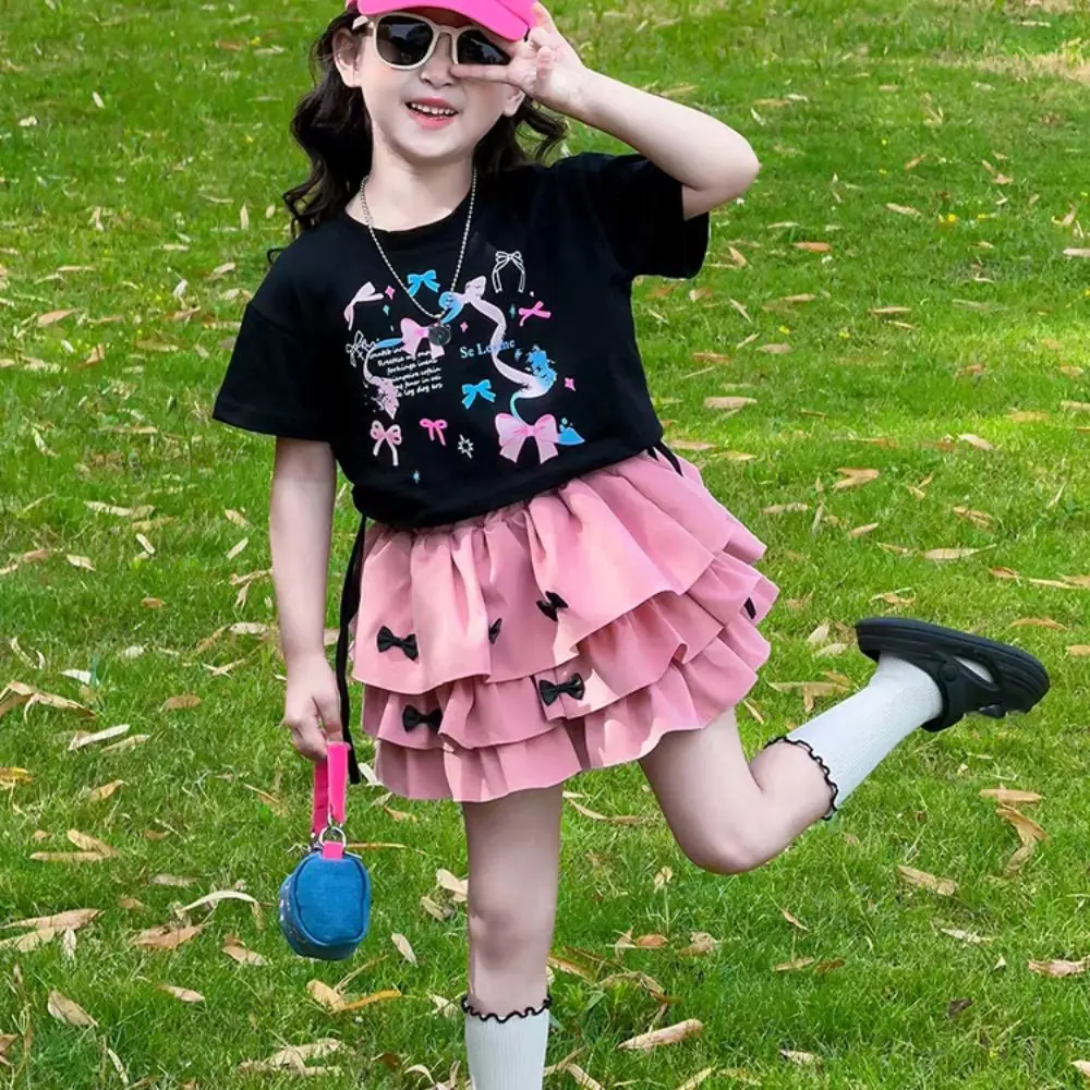 

Elegant Y2K Bow Children Cake Skirt Set Slim Fit Pleated T-shirt Skirt Suit Sweet Teenagers Girls Clothes Set Students
