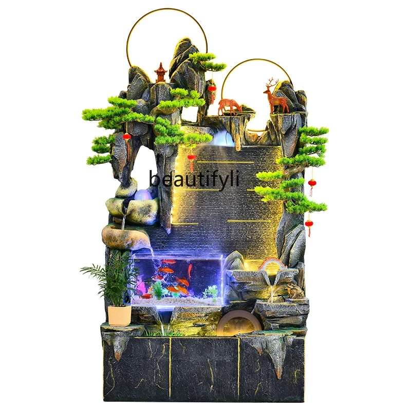 NQLarge Artificial Mountain and Fountain Fengshui Wheel Humidifier Water Curtain Wall Fish Tank Office Courtyard  Decoration