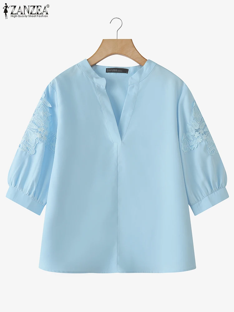 

ZANZEA женские летние блузки 2025 модные кружевные лоскутные рубашки повседневные топы-туники свободные рукава-фонарики с v-образным вырезом однотонные OL Blusas
