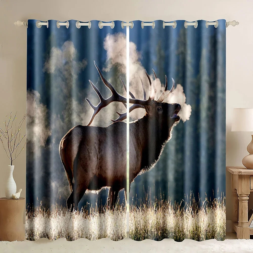 Deer Blackout Curtain,Cute Deer Lost in Foggy Forest Curtains Panels Wildlife Hunting Deer, Wildlife Theme Room Window Curtains