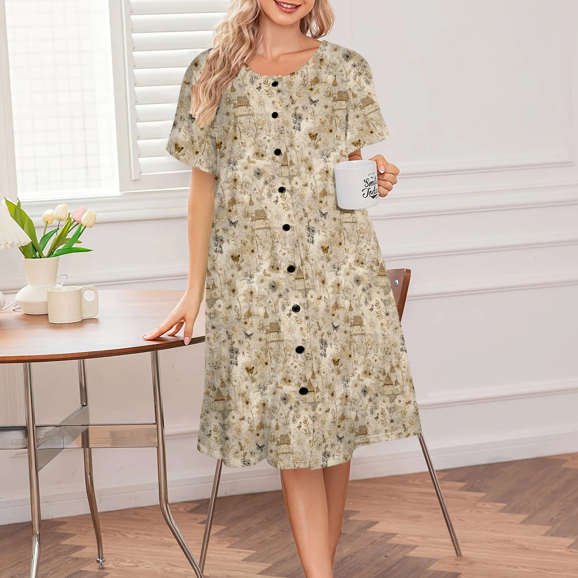 

Women's Vintage Map Butterfly Dress Button Down Shirt Dress Casual Travel Tunic Spring Fall Outfit S-3XL