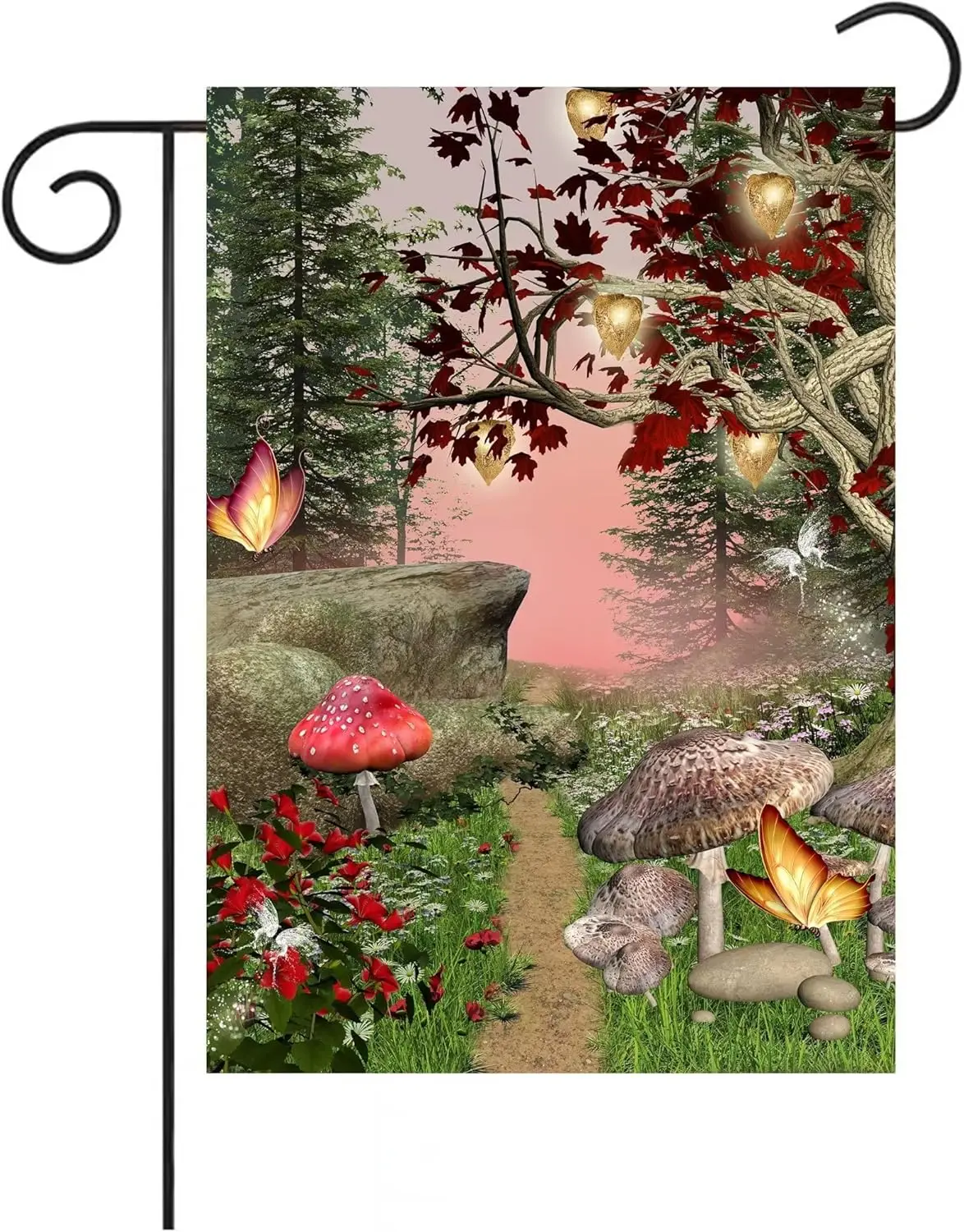 Fantasy Scenery with a Fairy Tree Lamps Flowers Mushrooms and Butterflies Garden Flag 12 x 18 Inch Double Sided Yard House Outdo