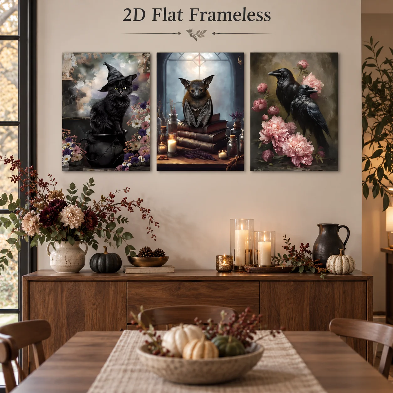 3 Gothic Dark Academy style canvas posters, including books, bats, flowers, black cats, and crows, perfect for decorating home o