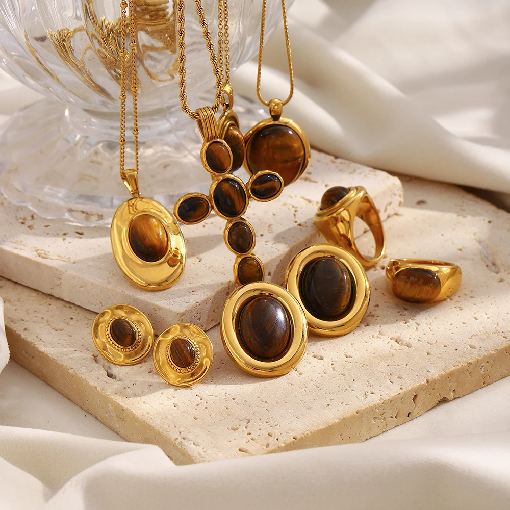 E.B.belle Stainless Steel Vintage Tiger Eye Series Jewelry Set Ring 18K Golded Plated Necklace Earring Women's Gift