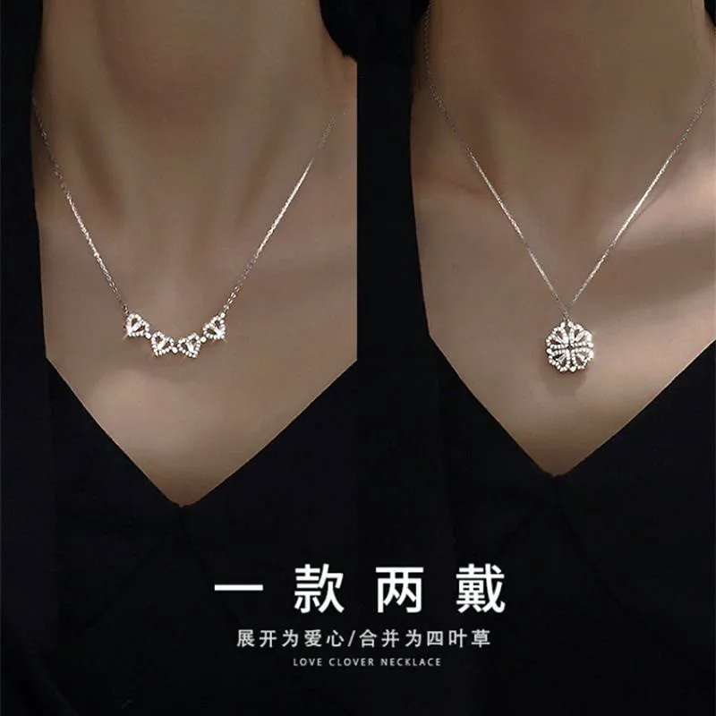 Round 3mm D Color Moissanite Heart Necklace VVS1 Lab Imitation Diamond for Women Four-Leaf Clover Pendant Necklace Jewelry Gift