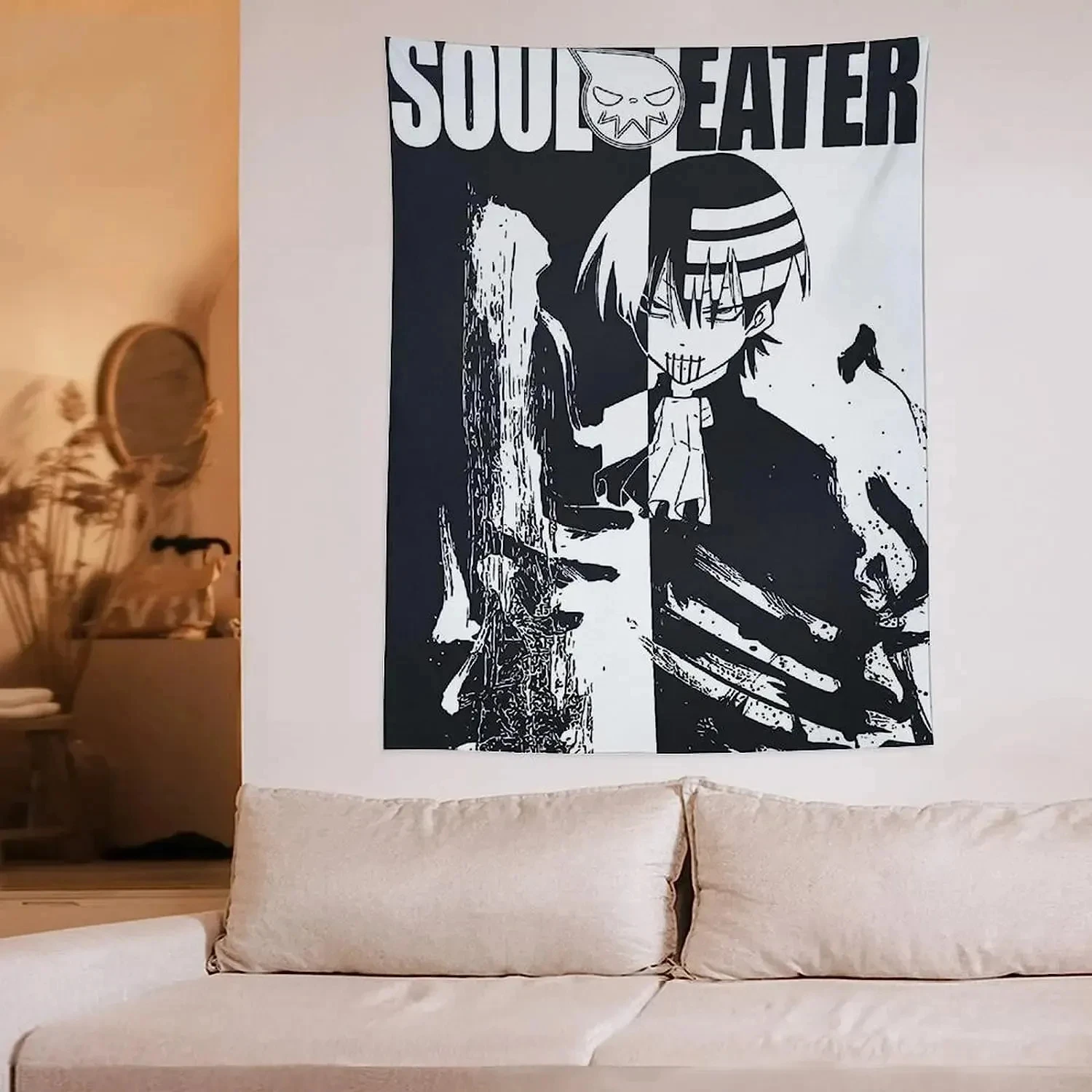 Soul Eater Death the Kid Black White Anime Tapestry HD Flat Print Polyester Wall Hanging Art for Living Room Bedroom