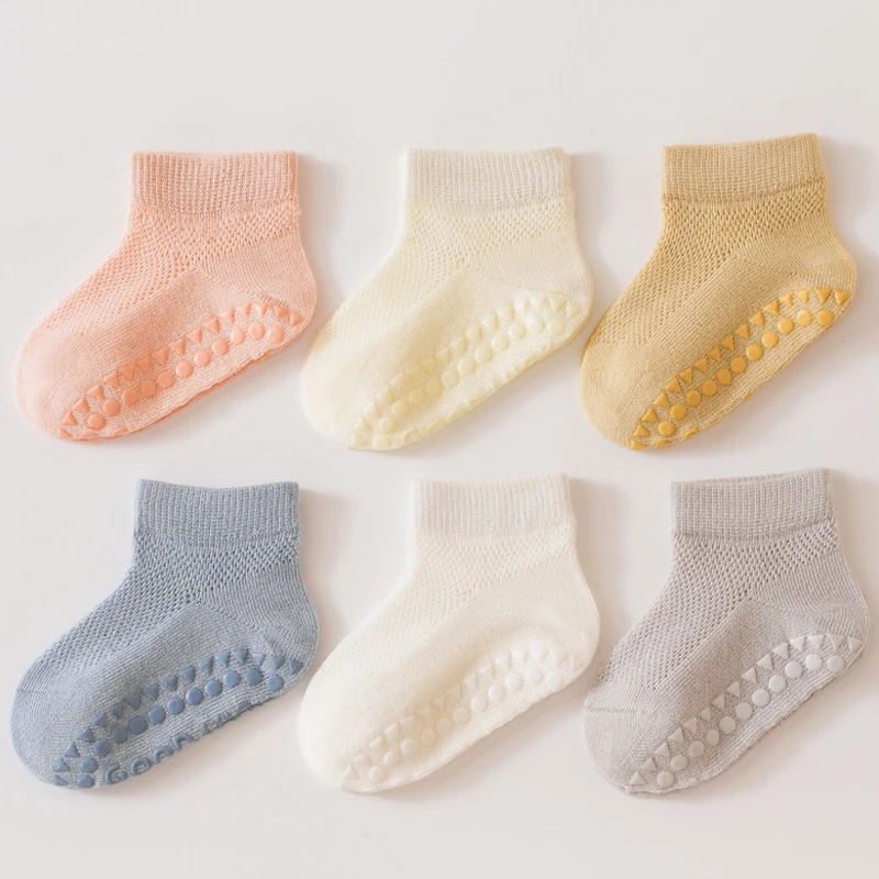 3 Pairs Baby Floor Socks Summer Thin Mesh Baby Socks Non-slip Indoor Toddler Socks Solid Color Children Socks