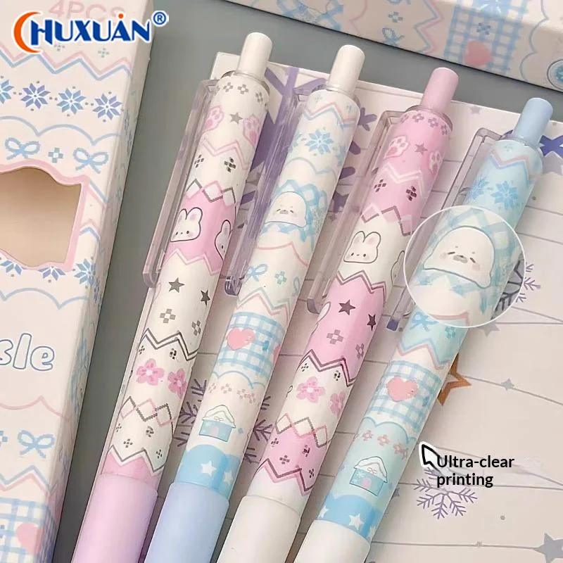 Q 4Pcs Cartoon Ins Style Printed Press Pen, Student Quick-dry Practice 0.5mm Black Pen Cute Pens Gel Pen