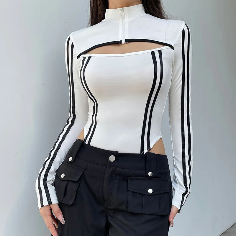 Sexy Cool Girl Slim Bodycon Top 90s Motorcycle Style Y2k Contrast Hollow-up Zipper Jumpsuit Casual Long Sleeve Women's Bodysuits