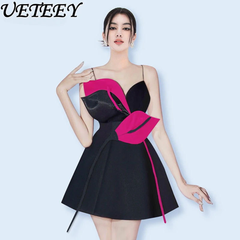 

Flower Design Color Contrast Patchwork Short Dress Summer Special-Interest Sling Slim Fit Black Party Dresses for Women