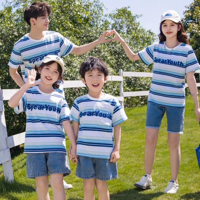 Summer Family Matching Clothes Parent-child Set Father Mother Daughter Son T Shirts and Denim Shorts Jeans Two Piece Outfit
