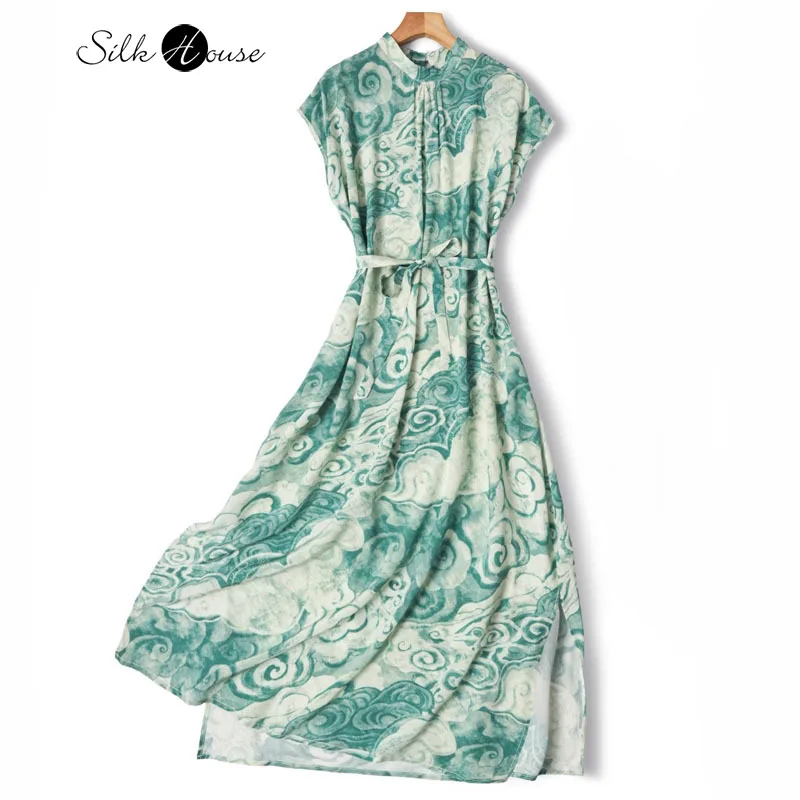 

Mottled Auspicious Cloud Pattern 100% Natural Mulberry Silk 03 Crepe De Chine Stand Up Collar Women's Shirt Style Women's Dress