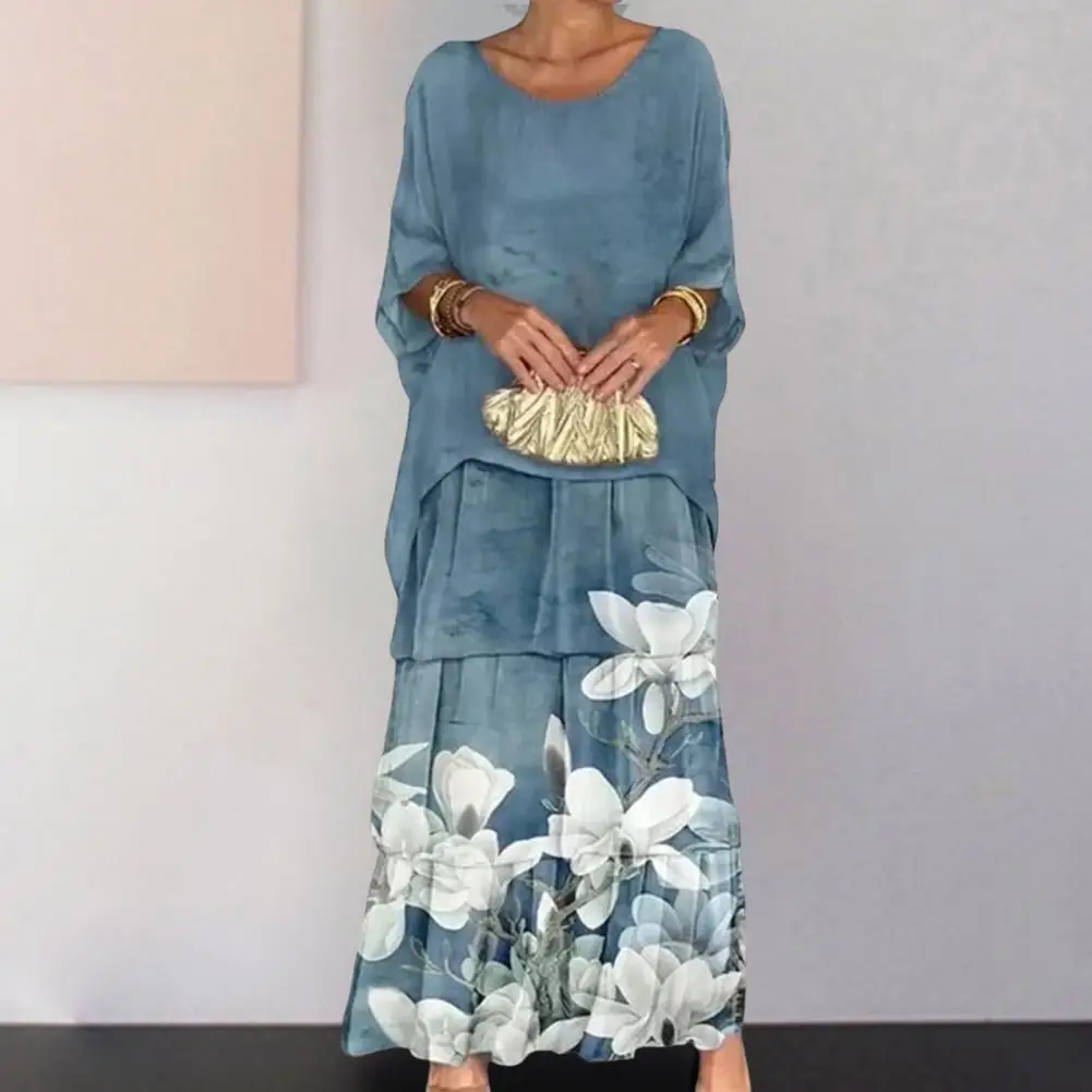 

Женский комплект из топа и юбки, свободная плиссированная Свободная юбка макси с цветочным принтом и рукавом летучая мышь, Повседневная Свободная блузка с круглым вырезом, 2 шт./комплект