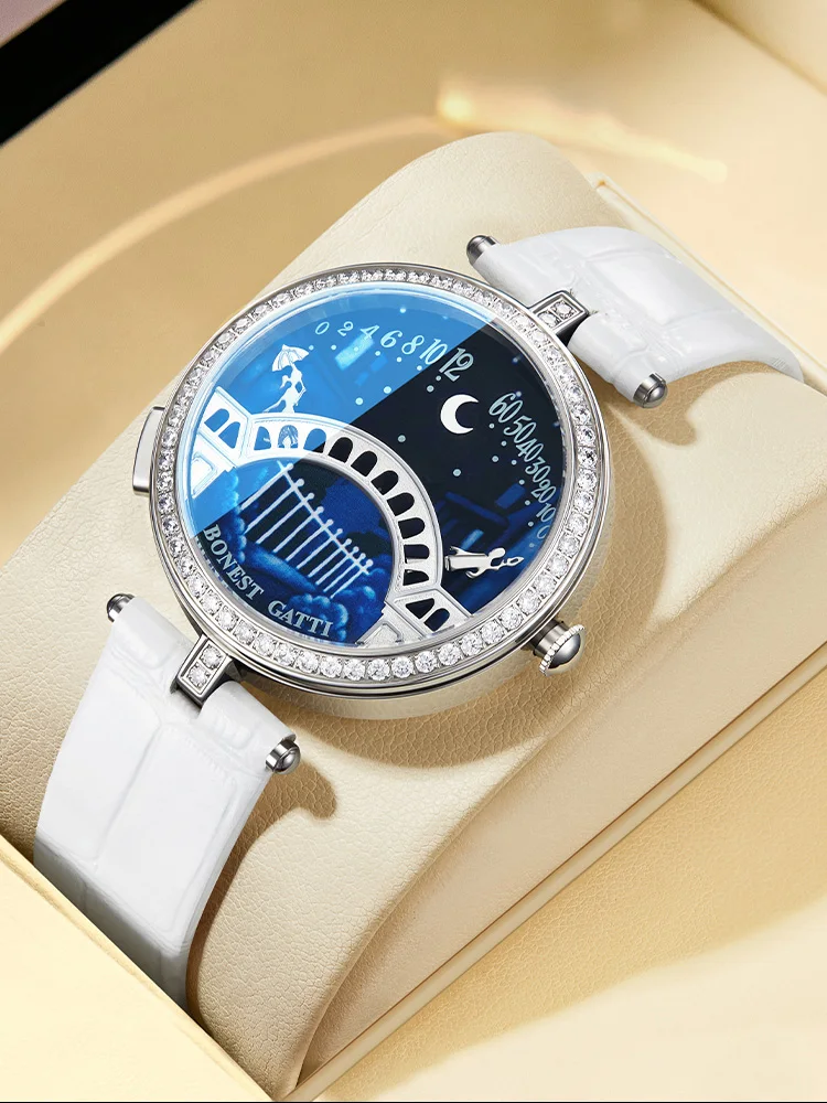 BONEST GATTI Women Quartz Watch 37mm Ladies Wristwatch Sapphire Glass Luminous Lover's Bridge Couples can Move