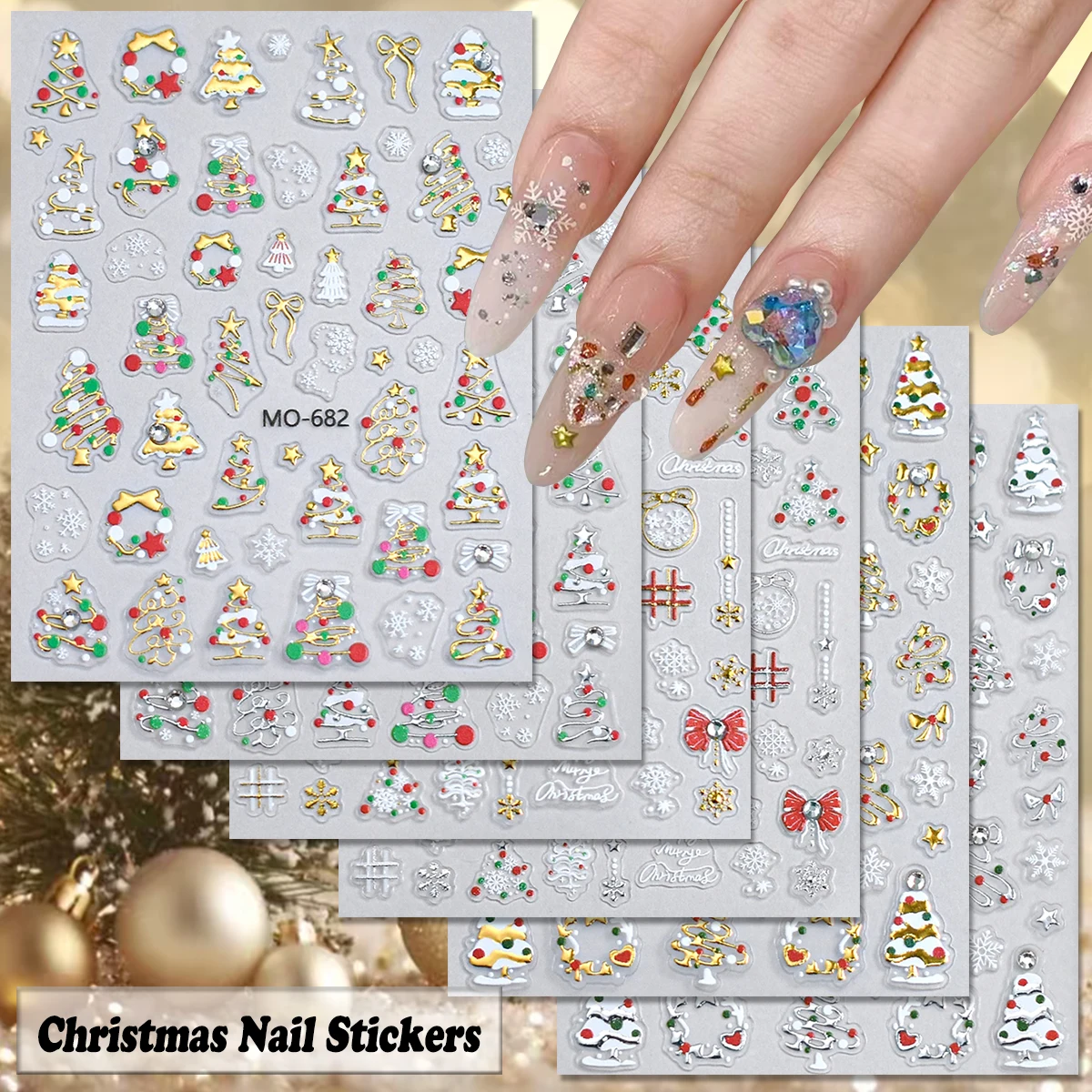 3/6/12 Blatt 5D Weihnachten Nail Art Aufkleber Goldfolie Weihnachtsbaum Schneeflocke Geschenk Glocke Selbstklebende Nagelaufkleber Urlaub