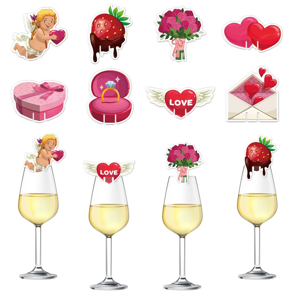 16Pcs Happy Valentine Day Wine Glass Decorative Card Mini Paper Wine Labels Tags Markers for Valentine's Wedding Party Supplies