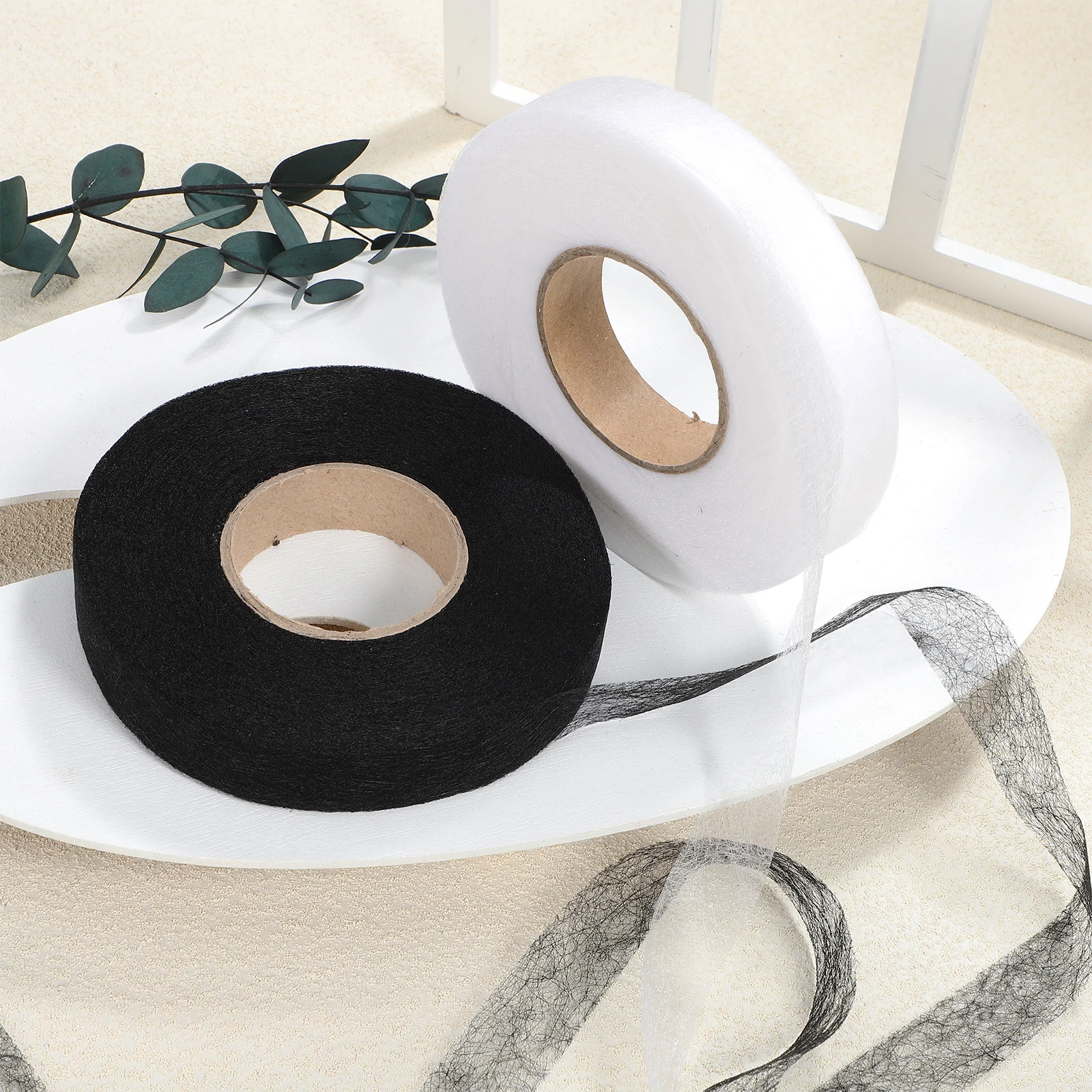 

2 Rolls Hemming Tape 25mmx80yds Black White Double Sided Adhesive Fabric No Sew Interlining for Clothes Accessories Packaging