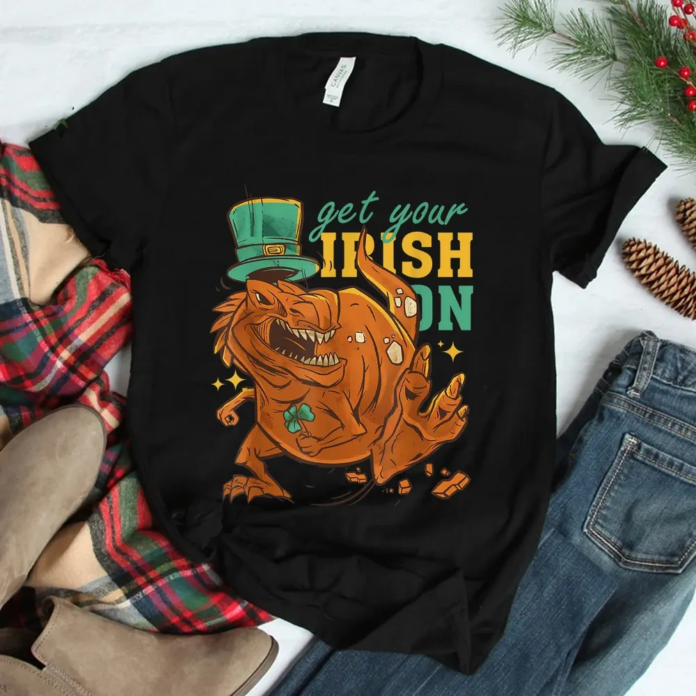 Haunt Reaper Men T Shirt Irish Hat T Rex With A St Patrick's Hat Shirt Print Tops Tees Prevailing Cotton Men's T-Shirt