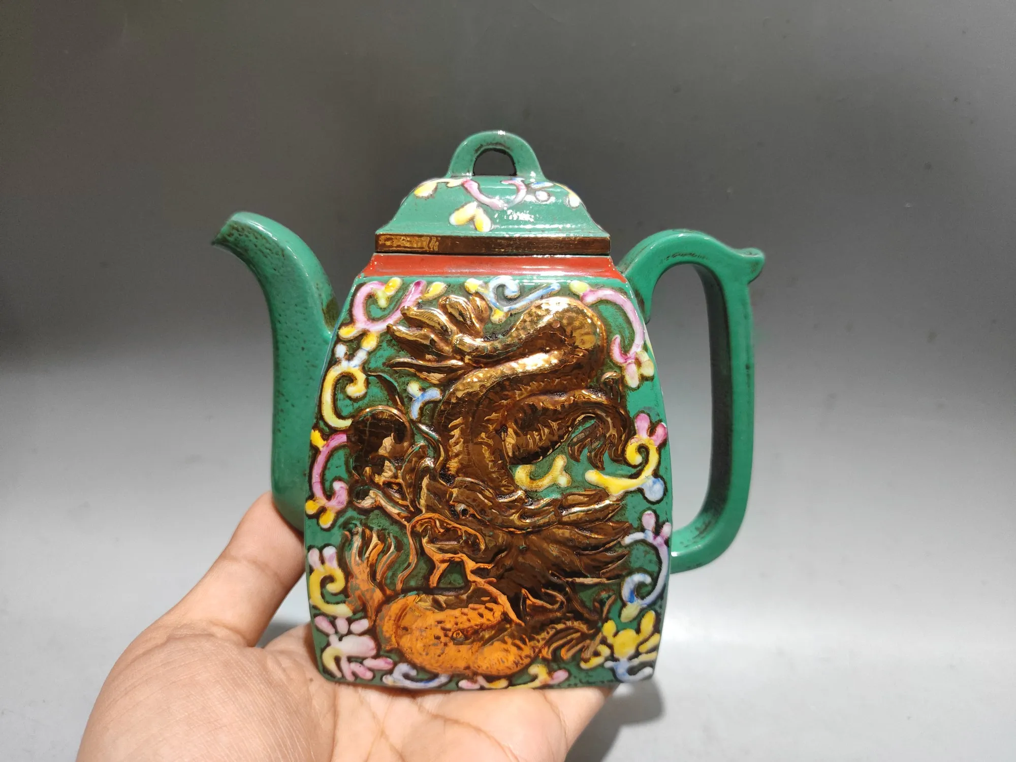 Raw purple clay ore high-end Pointillism Gilded Enamel Dragon flower pattern Four sided teapot Teapot Pot Tea Maker Ornaments