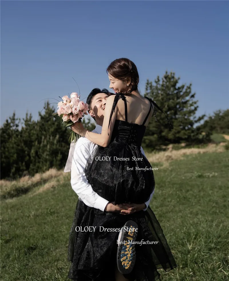 Oloey einfache schwarze Seide Organza Korea Ballkleider verstellbare Spaghetti träger eine Linie Abendkleider Hochzeits feier Fotoshooting