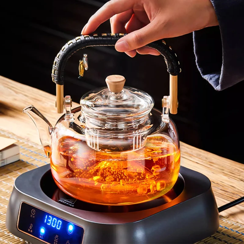 GIANXI Glass Tea Pot With Weave Handle Chinese Heat-resistant Glass Teapot Transparent Steaming Tea Glass Kettle Tea Set