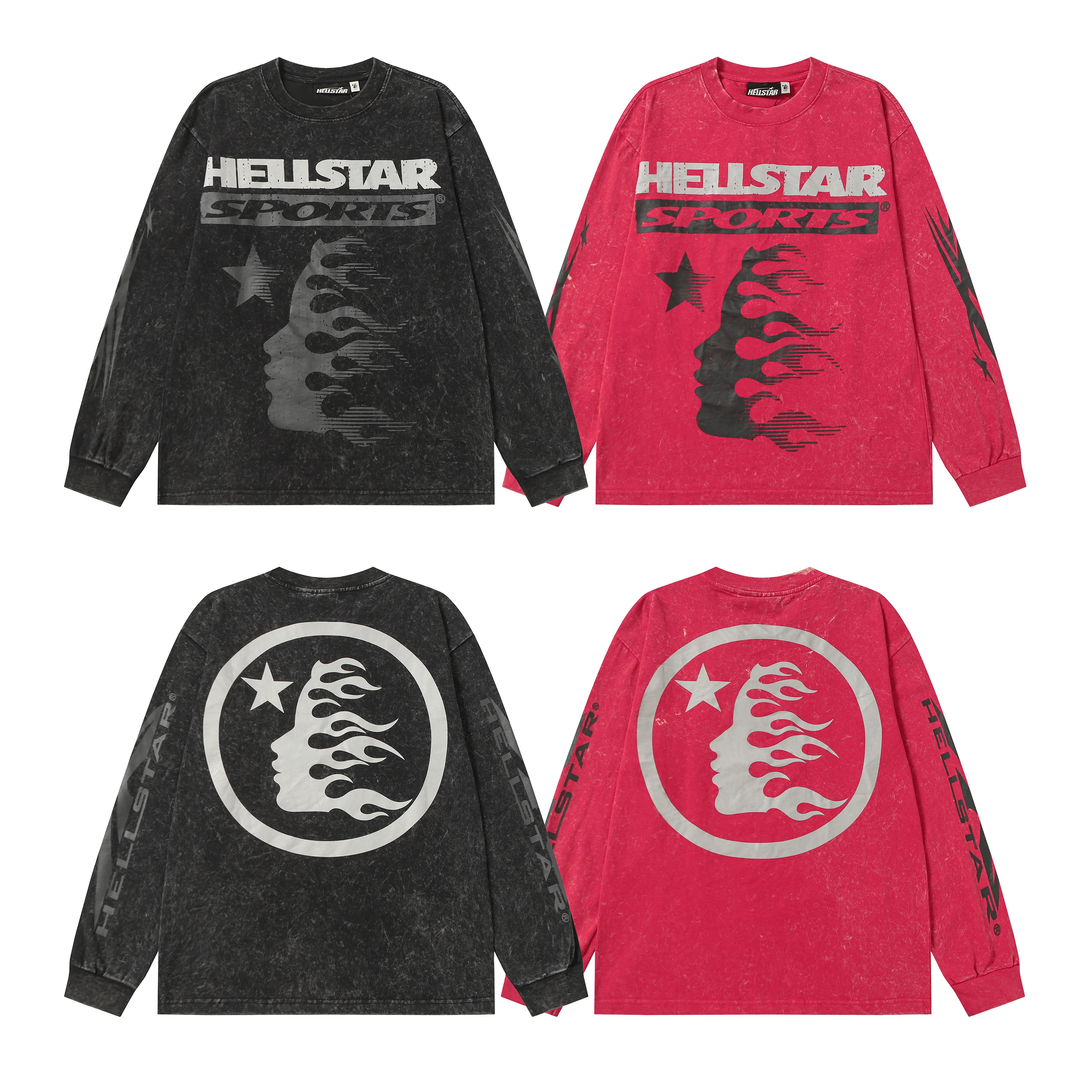

Hell Star Retro Waed High Street Long Sve T-irt ex Side Face Godd Letter Print American Sle Cotton round Ne