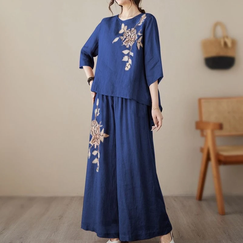 

Women's Two Piece Summer Set Vintage Embroidery Cotton Linen Pullover Short Sleeve Linen Like Fabric Wide Leg Pants Slimming Mom