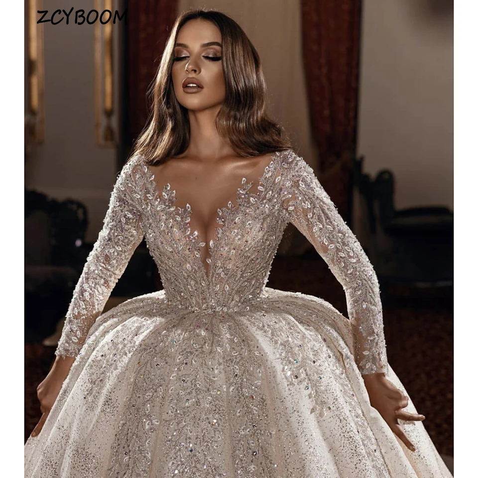 

Customized Scoop Neck Sequin Appliques Full Sleeves Wedding Dress 2025 Ball Gown Floor Length Sweep Train Zipper Bridal Gown