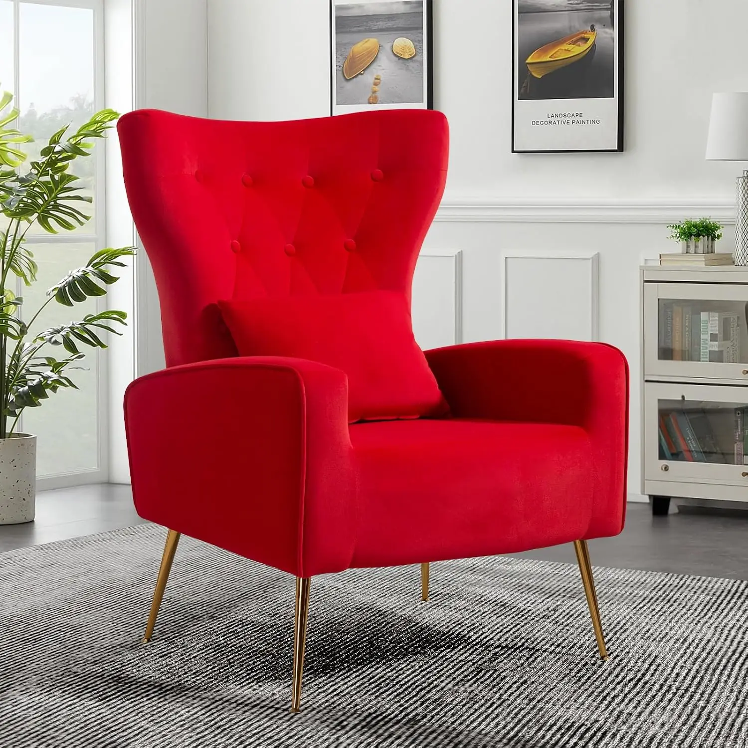Button-Tufted Velvet Wingback Armchair with Lumbar Pillow & Golden Legs for Living Room Bedroom, Red, Customized
