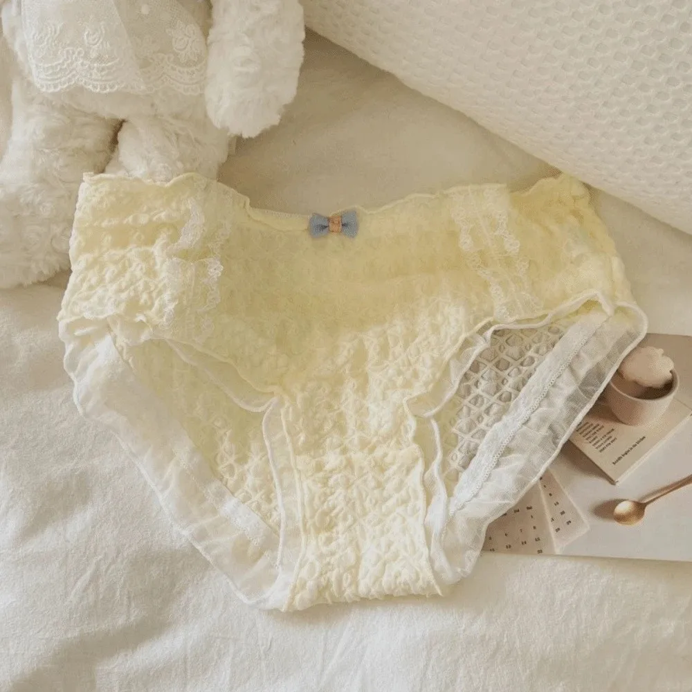 

Lingerie Bow Lace Panties Seamless Sweet Ruffle Bubble Briefs Low Waist Cotton Crotch Women Underwear Gifts