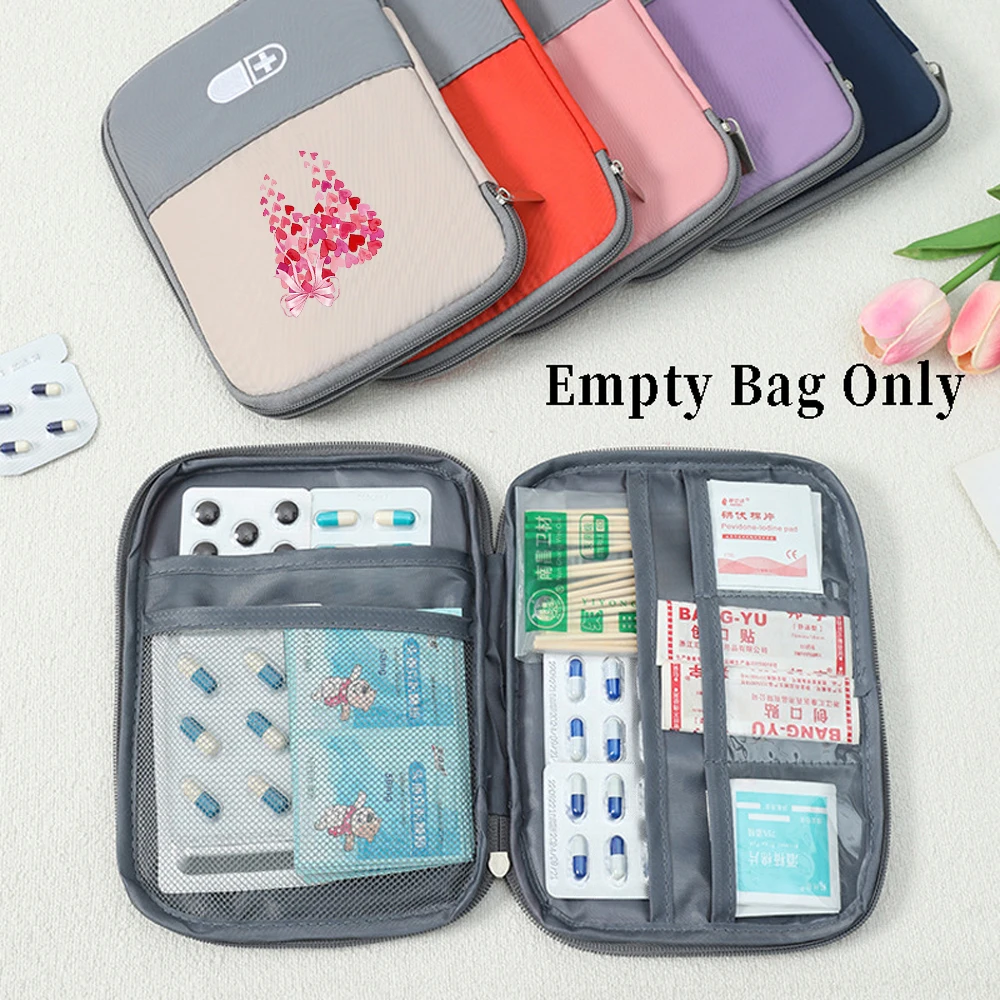 Heart Tooth Bow Print Color Block Medicine Bag, Portable Multi-Compartment First Aid Storage Pouch for Home Travel Emergency Med