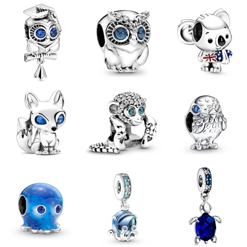 パンドラブレスレット用シルバーメッキチャームビーズ、ブルートリコロール、ダイヤモンドペンダント、DIYネックレス、ジュエリーアクセサリー、誕生日プレゼント、新品