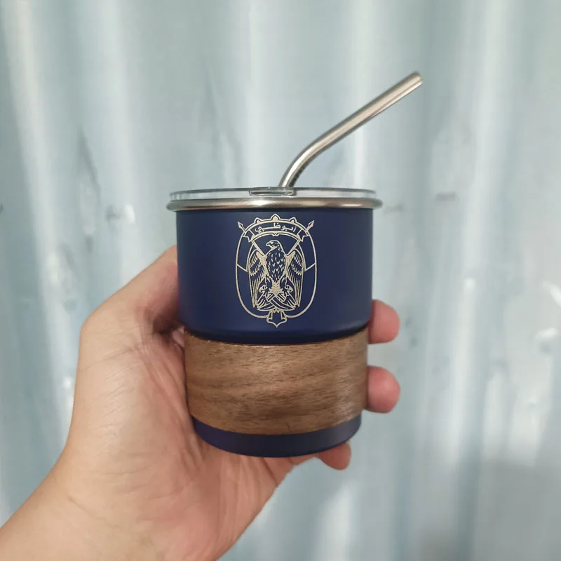 Emblem of Abu Dhabi Emirate Logo Stainless Steel Cup Mug with Wood Lid 300ml Outdoor Camping Coffee Mug Wholesale Straw Gift Cup