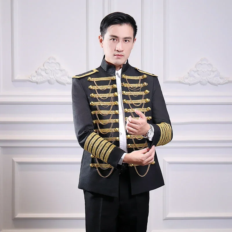 Standing Collar Metal Chain Personality Men Suit Blazer Jacket Palace Style Gala Party Stage Show Costume Military Uniform Coat