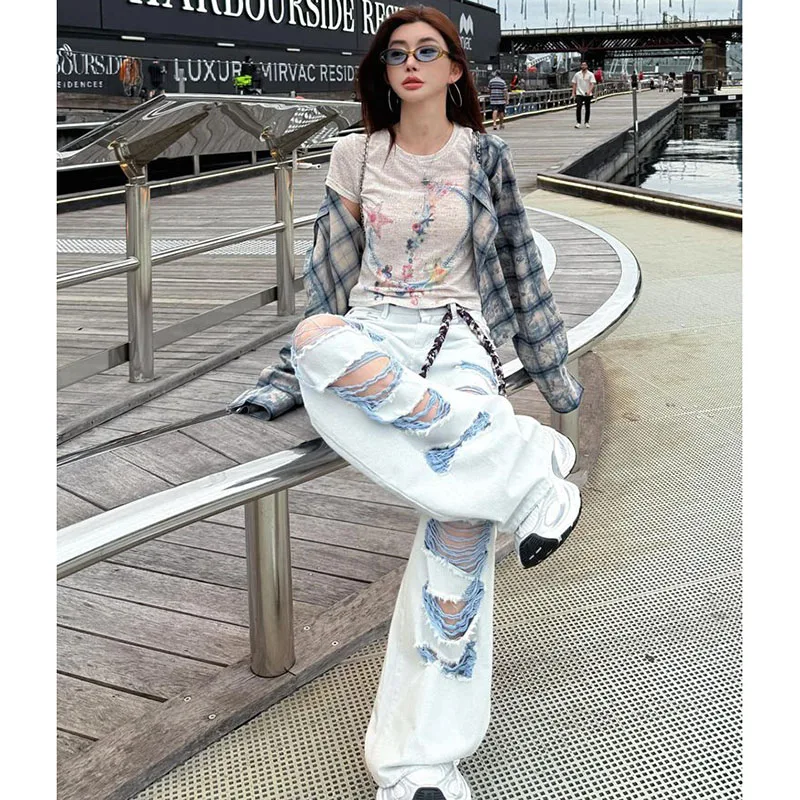 Moda Joker Jeans strappati unici e cool Donna Primavera ed estate Pantaloni a gamba larga con tasca con cerniera da donna, marea sottile e fresca