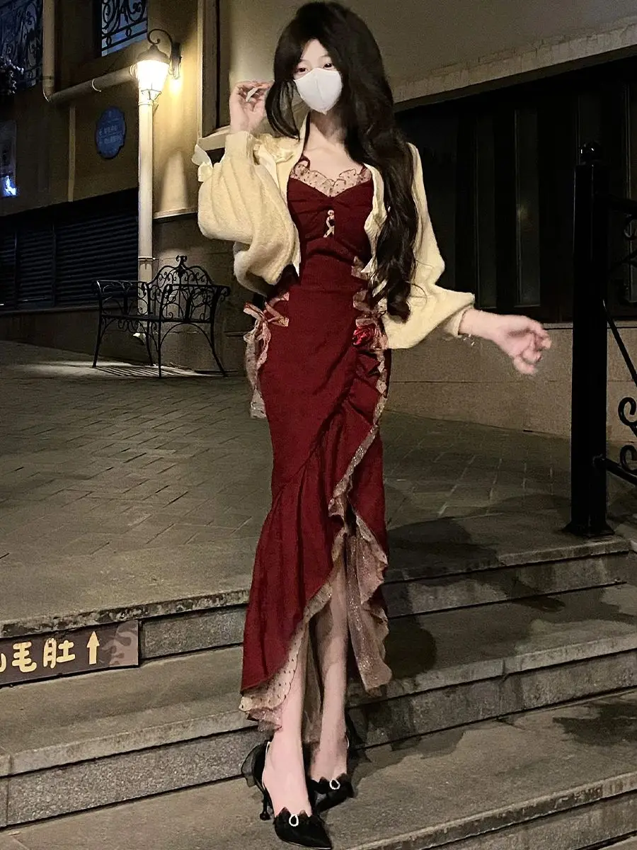 Autumn-Winter New Arrival: Vintage, Pure-Desire Spliced Wine Red Suspender Dress - Spicy Girl Style, Bodycon, Sexy with a Slit