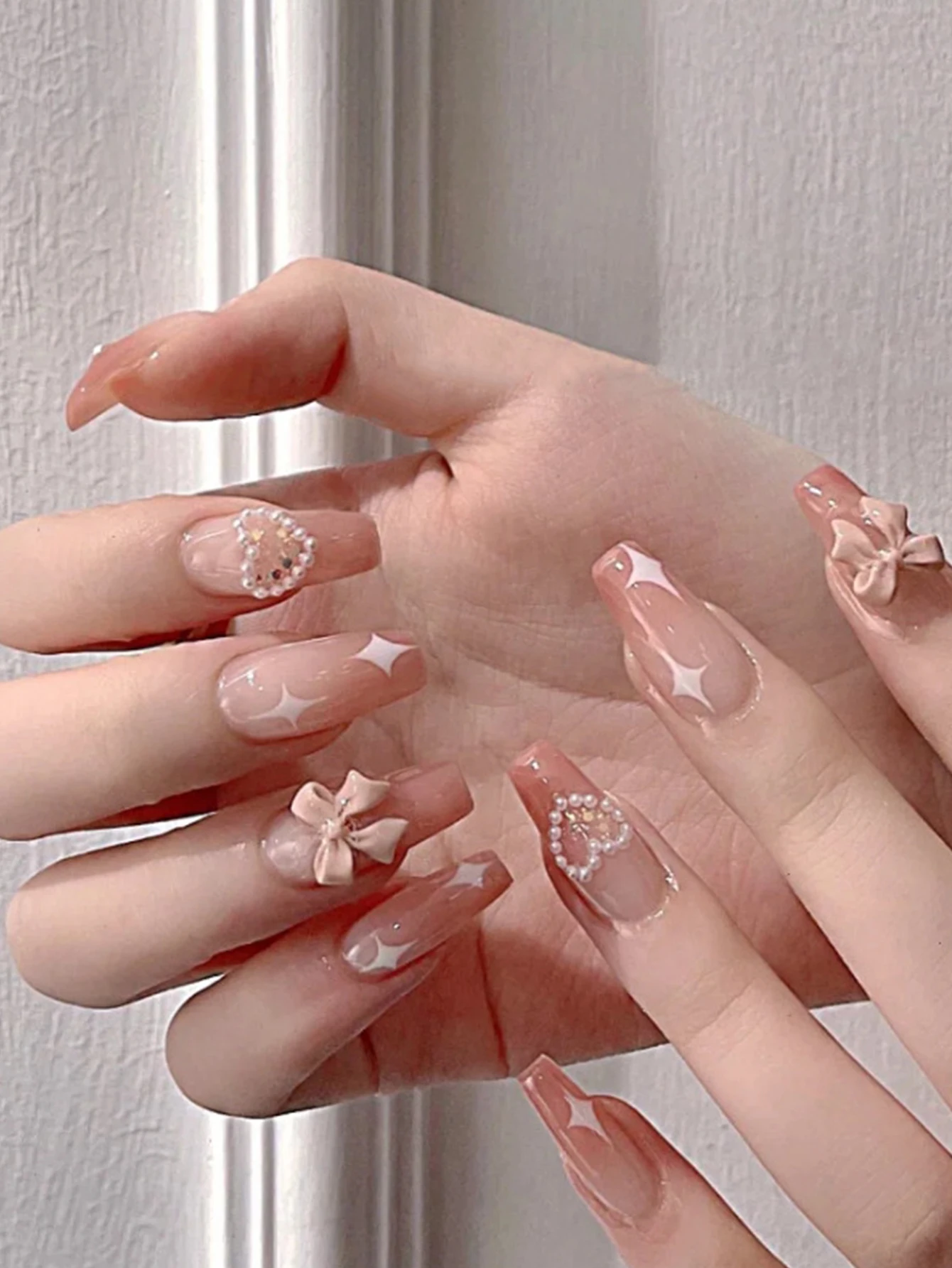 Light Pink Fake Nails with White Tip Ultra-flexible Long Lasting Fake Nails for Stage Performance Wear MIAO-US