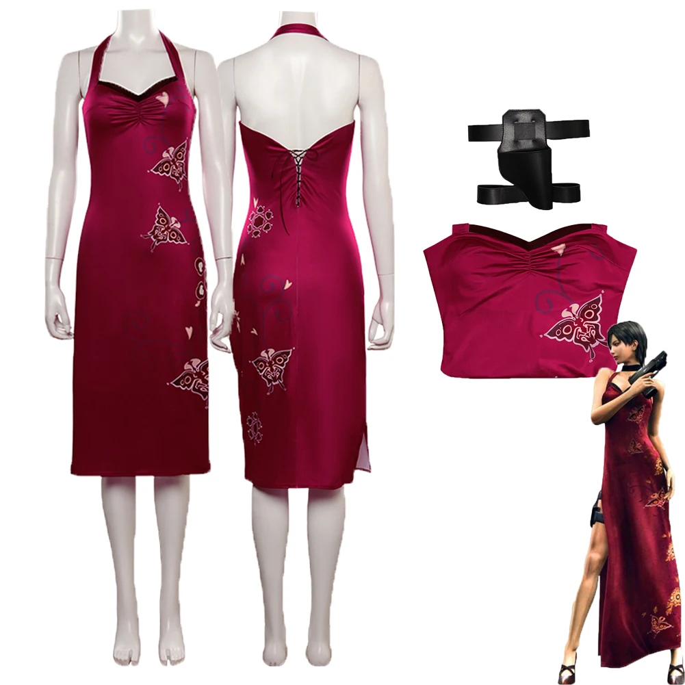 Ada Wong Cosplay Costume para Mulheres, Ada Cosplay, Vestido Fantasia, Cheongsam, Dia das Bruxas, Terno Carnaval, Acessórios Femininos, 4 Cos