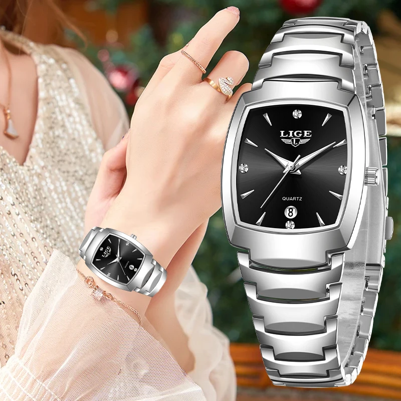 LIGE Square Fashion Luxo Elegante Relógios de Quartzo para Mulheres Casual Negócios Banda de Aço Inoxidável Data À Prova D 'Água Senhoras Presente + Caixa