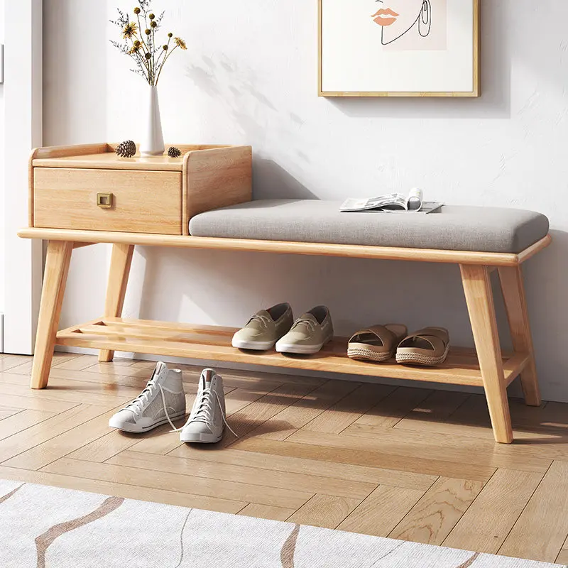 Nordic solid wood shoe changing stool for home sitting shoe  door entrance soft wrap stool entrance shoe rack