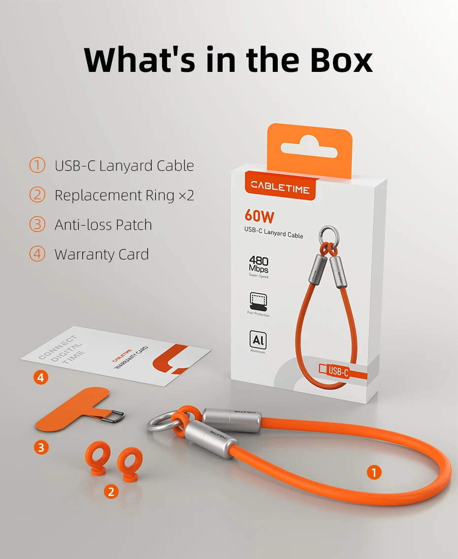 CABLETIME USB-C-Kabel PD60W Schnellladung Schlüsselband Typ-C-Kabel 480Mbps USB 2.0 Schnelle Übertragungsgeschwindigkeit Schlüsselanhänger 25g für Smartphones – Detail 15