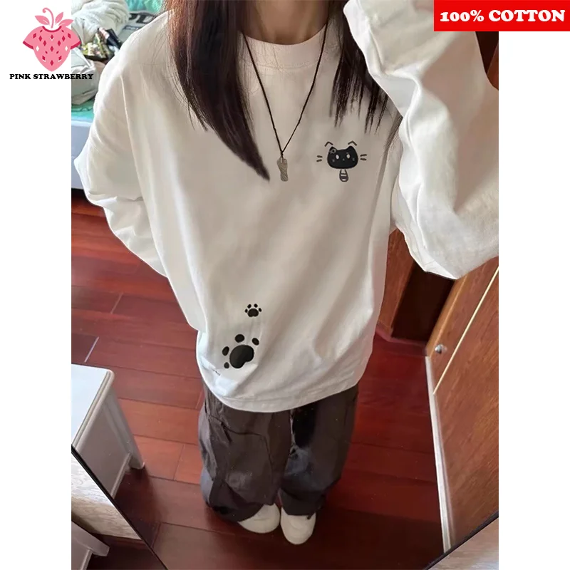 

Cute Cartoon Cat Print T-shirt Women Autumn 2025 New 100% Cotton White Long sleeves T-shirt Casual Loose Y2k Top kawaii clothes