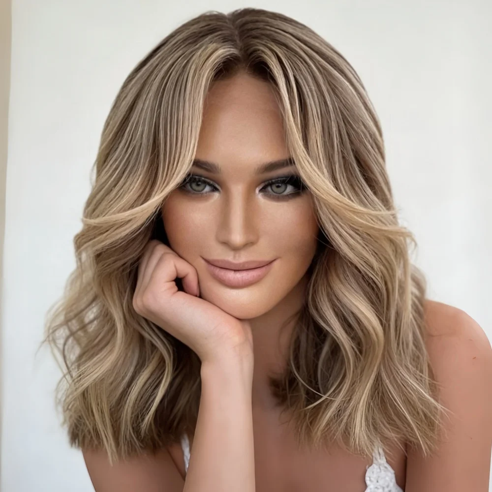 

Бесшовные синтетические парики с эффектом омбре и блонд-оттенками, предварительно проработанные, с кружевной передней частью, для женщин, короткие, волнистые, термостойкие, для повседневного использования