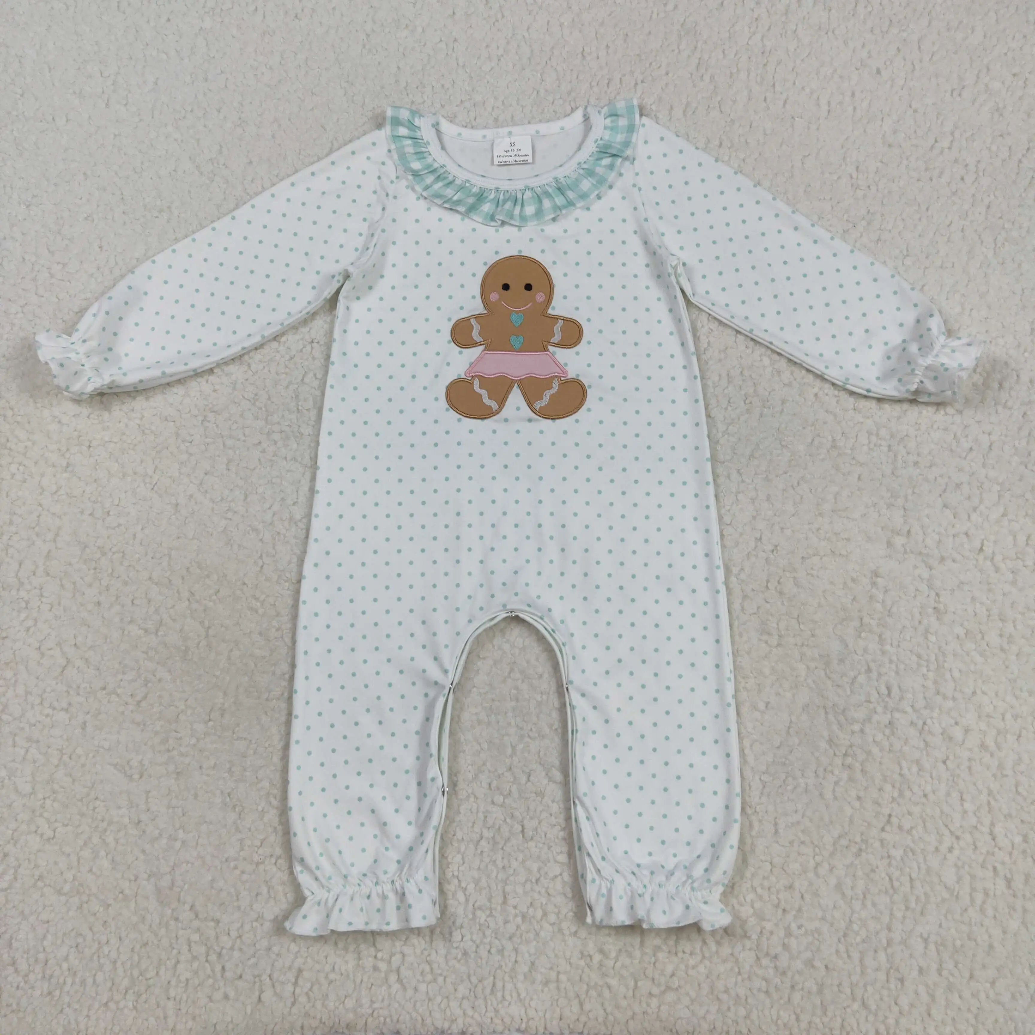 

Long Sleeve Romper Girls Clothing Christmas RTS Embroidery Kids Clothes Blue Green Plaid Ruffle Dot