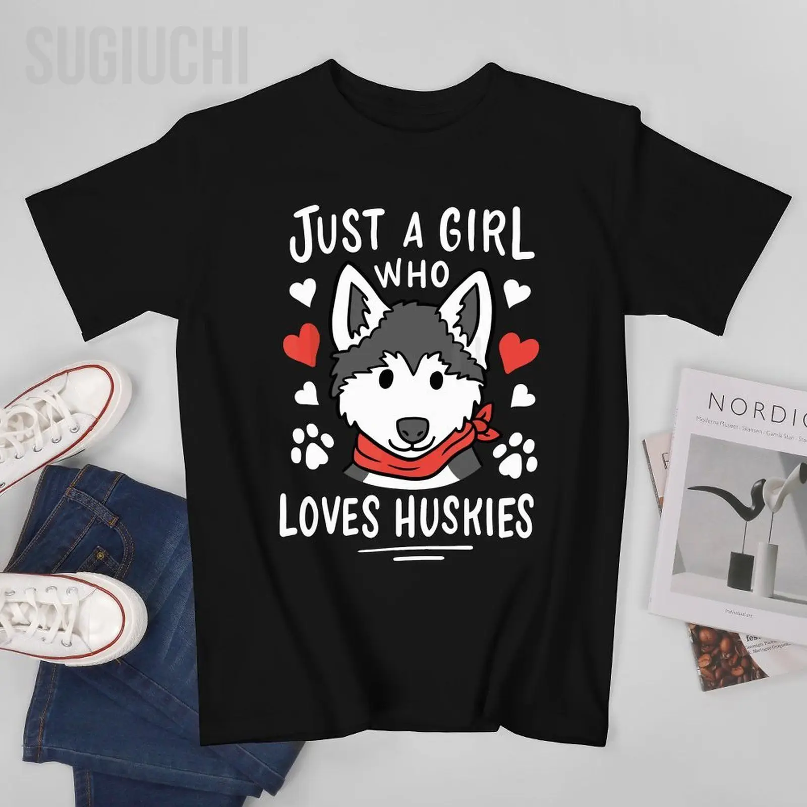 Unisex Men Just A Girl Who Loves Huskies Gift Siberian Husky Dog Lover Tshirt Tees T Shirts Women Boys 100% Cotton T-Shirt