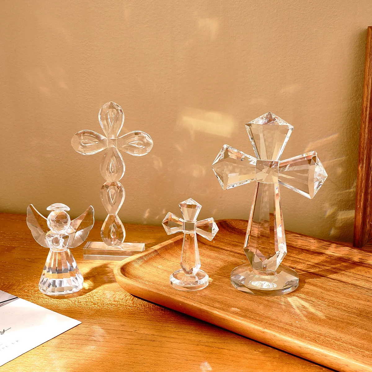 Crystal Cross Ornament with Angel Figurine Transparent Glass Religious Statue Baptism Communion Christmas Gifts Home Decorations