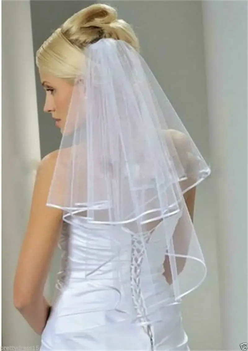 

White Bridal Wedding Veil 2 Tier with Comb Handmade Elbow Length